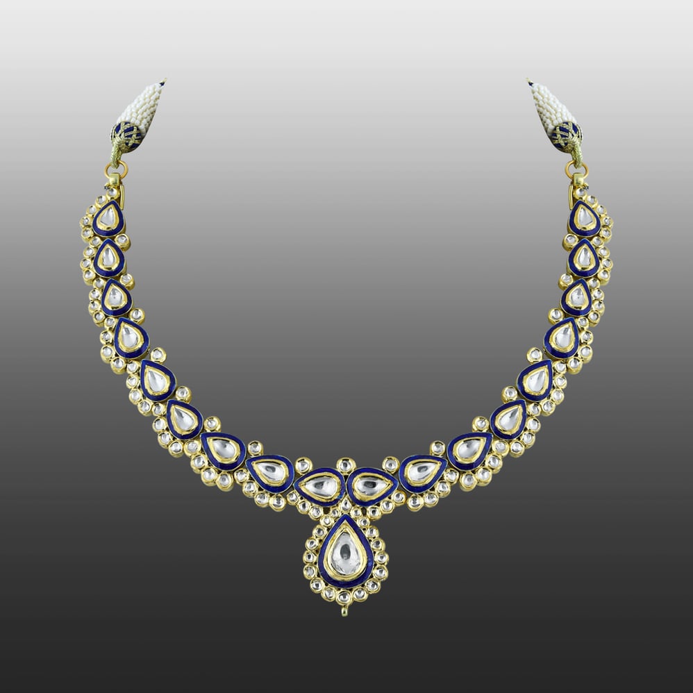 Polki Necklace with Blue Enamel Border